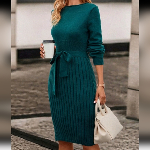 Solid Ribbed Knit Belted Sweater Dress - Picture 5 of 6